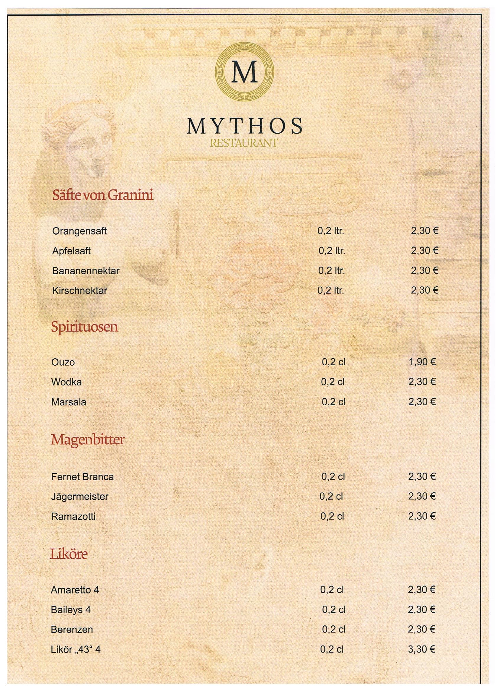 Restaurant Mythos - Speisekarte